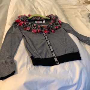 Festive cardigan sweater. Scoop neck w/decorative knitted detailed collar
